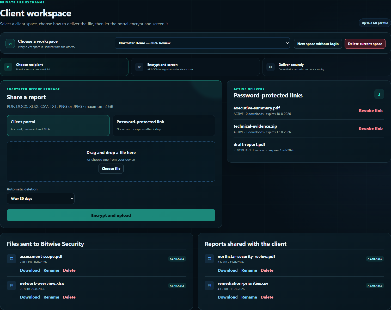 Administrator client workspace with encrypted upload and delivery controls