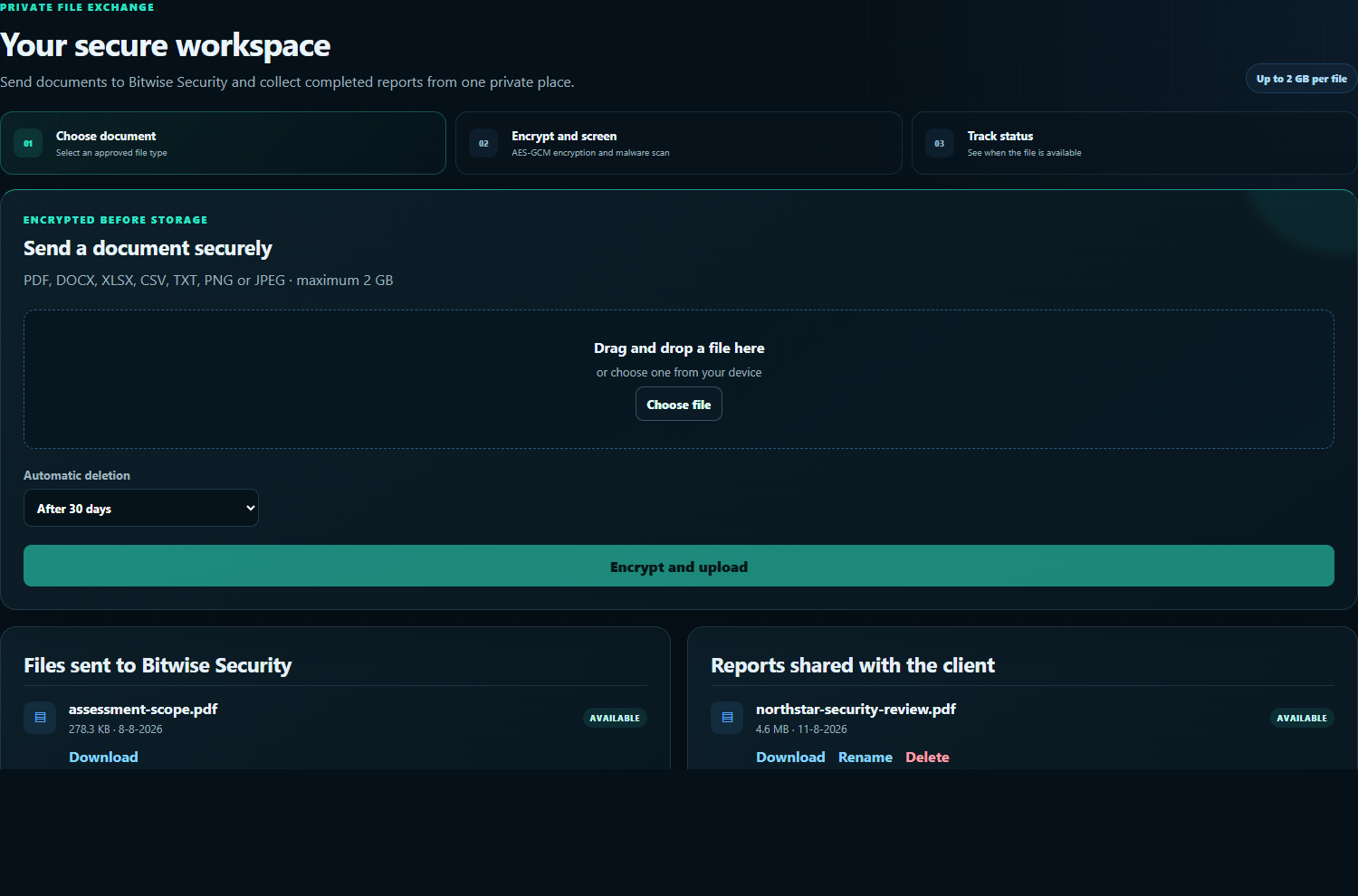 Private client workspace for sending documents and receiving reports