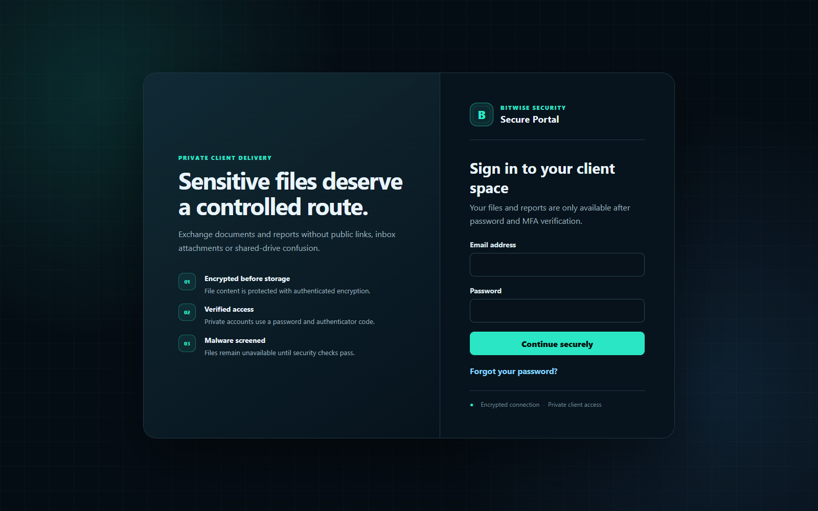 Bitwise Secure Portal sign-in screen with security protections